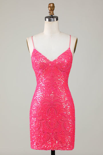 Glittrande Fuchsia Pärlstav Tight Kort Hemkomstklänning